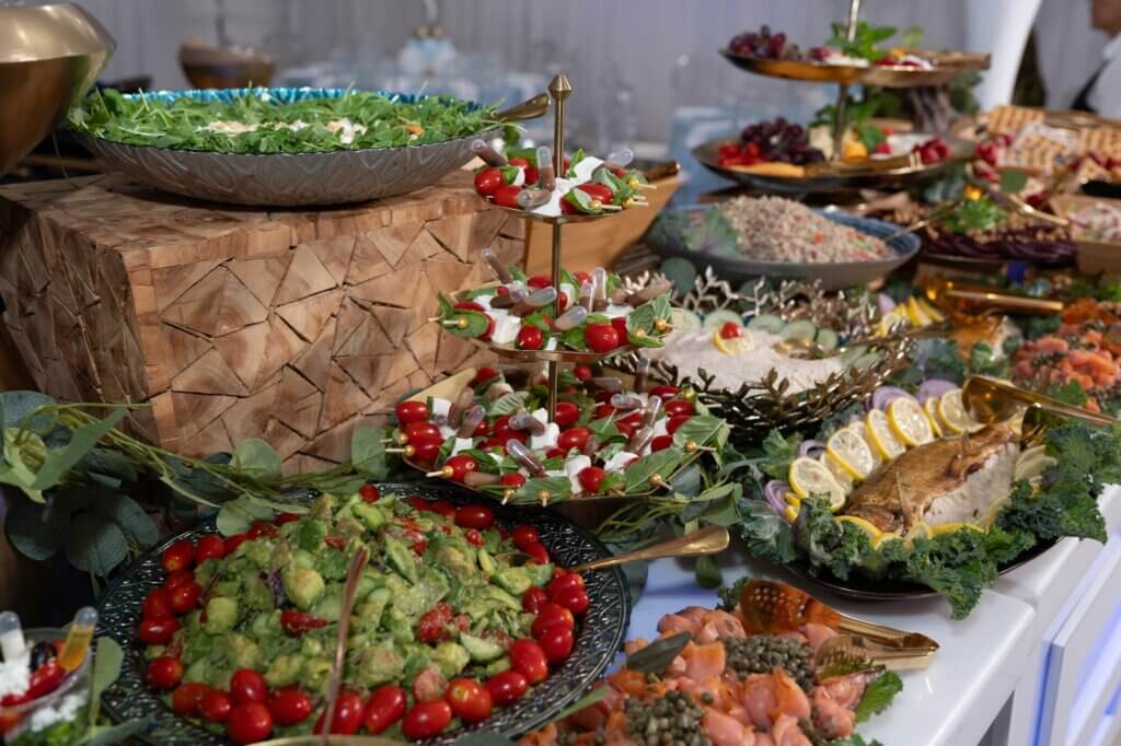 An arrangement of catered food